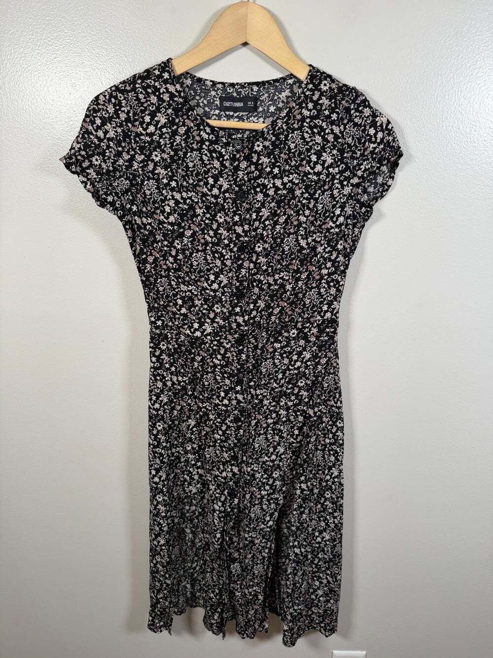 Disturbia Button Front Midi Dress Size UK 8 US 4 Black Floral Goth 90s Grunge